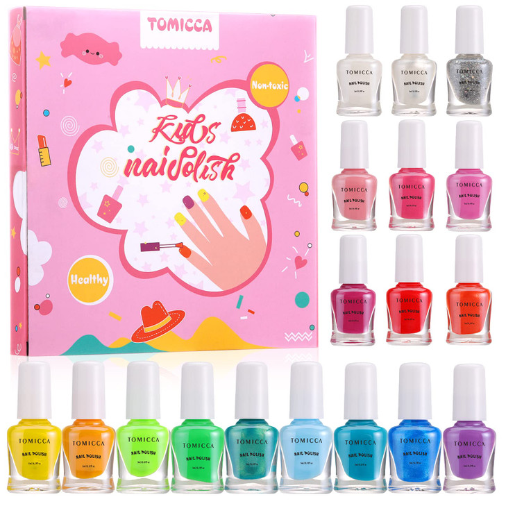 TOMICCA Kids Nail Polish Sets, 18 Pcs 100% Non Toxic Peel Off Water Based Safe Quick Dry Nail Polish Kit, Birthday Gifts Nail Paint Set for Girls wit