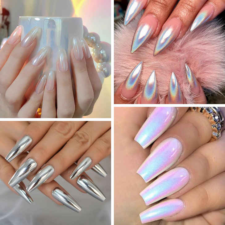 Chrome Nail Powder Gifts for Women - White Pearl Chrome Powder, Aurora Mermaid Iridescent Chromes Powder, Holographic Unicorn Rainbow Sliver Metallic