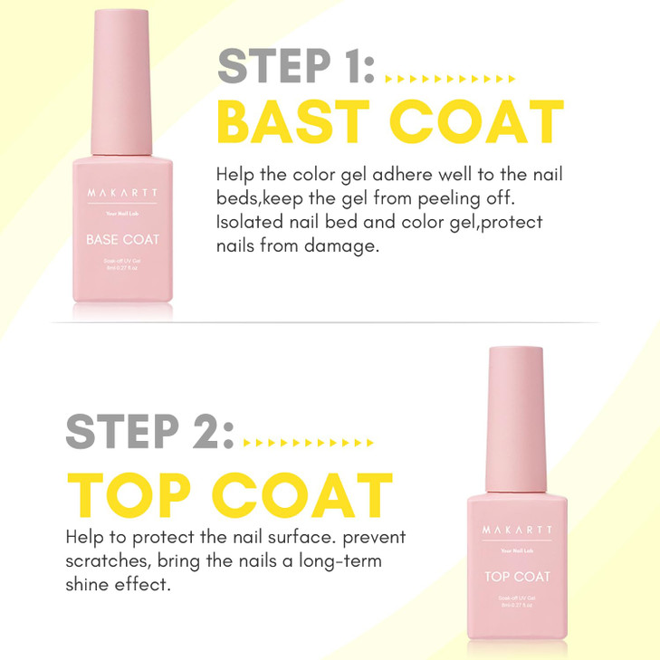 Makartt Gel Top Coat and Base Coat Kit: 2 PCS Clear Gloss Shiny No Wipe Stain Resistant General Top Coat Nail Polish UV for Acrylic Nails Dip Powder