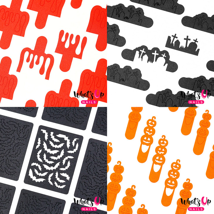 Halloween Nail Vinyl Stencils 4 Pack (Dripping, Graveyard, Bats, Pumpkin Topiary) for Nail Art Design