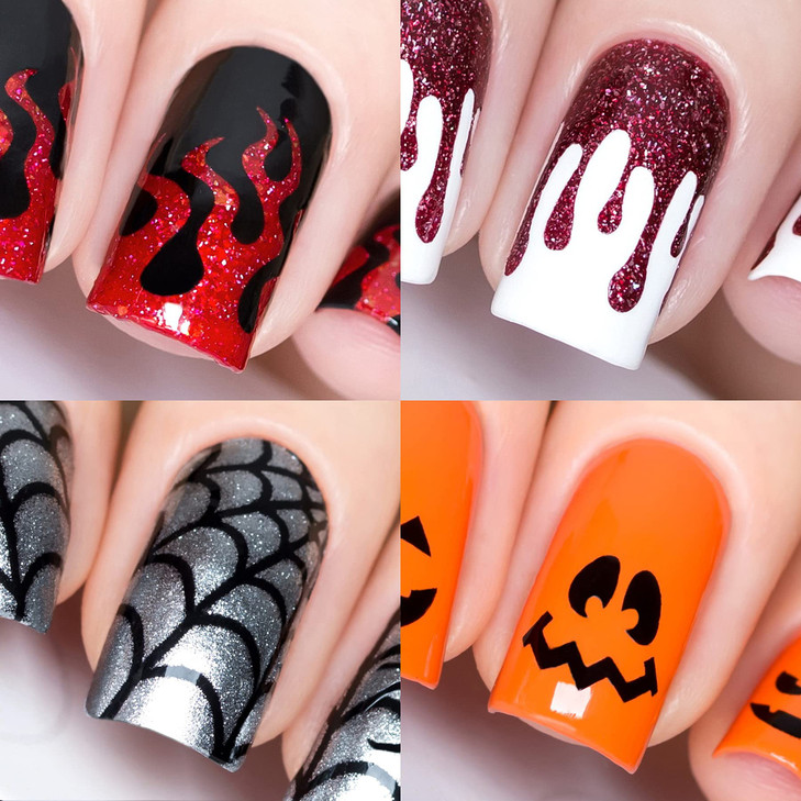 Halloween Nail Vinyl Stencils 4 Pack (Fire, Slime Drips, Spider Web, Pumpkin Faces) for Nail Art Design
