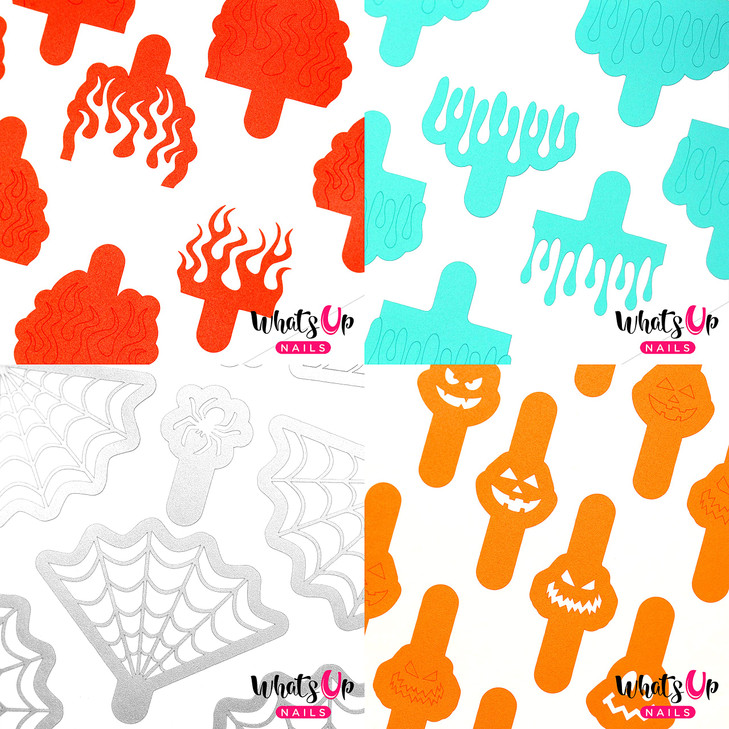 Halloween Nail Vinyl Stencils 4 Pack (Fire, Slime Drips, Spider Web, Pumpkin Faces) for Nail Art Design