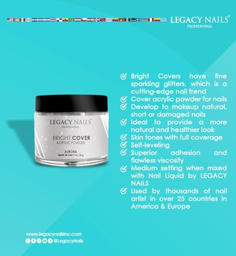 Legacy Nails Professional Bright Cover Full Coverage Color, CREAM 2 oz Acrylic Powder With Shimmer, Shine for Overlay Nail Extensions