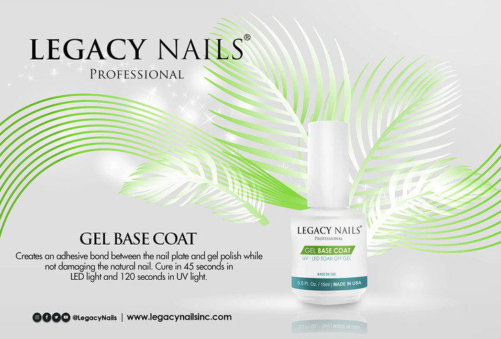 LEGACY NAILS Gel Base Coat 0.5oz SOAK-OFF. Medium thick transparent gel. Creates an adhesive bond between the nail plate and gel polish while not dam