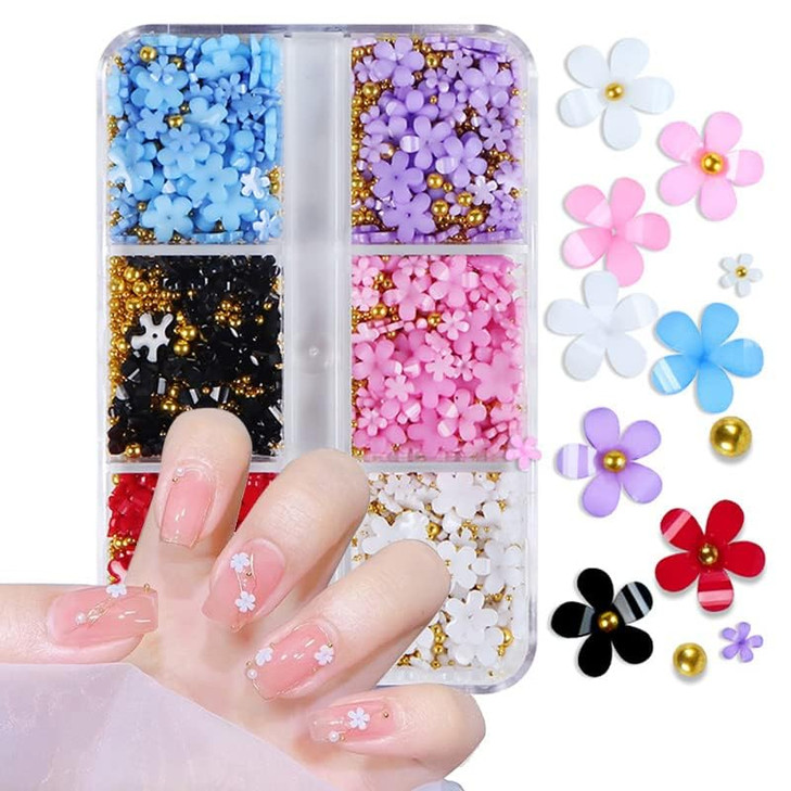 3D Flower Nail Charms, 6 Grids Colorful Flower 3D Nail Rhinestone Kit for Acrylic Nails White Black Pink Cherry Blossom Crystal Nail Art Stud with Pe