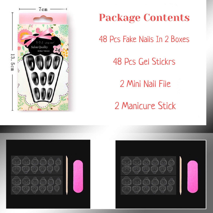 CB 48 Pcs/ 2-Boxes Set Long Ballerina Shape Coffin Square Full Cover Fashion Press-On Fake Nails Acrylic DIY Nail Kit Artificial Nail Tips (Set-A)