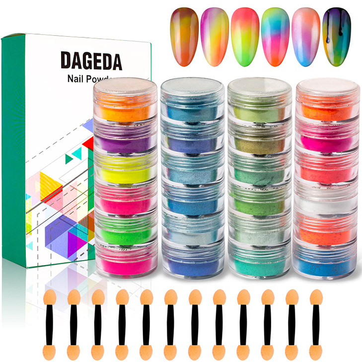 DAGEDA 24 Color Pigment Nail Powder Dust, Colorful Iridescent Glitter Ultrafine Luminous Pearlescent High-Gloss Halo Powder, 3D DIY Nail Art Decorati