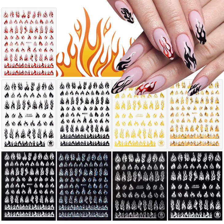 9 Sheets Flame Nail Stickers Decals, TOROKOM 3D Holographic Self-Adhesive Fire Nail Decals White Black Silver Gold Red Flame Nail Art Stickers Nail A