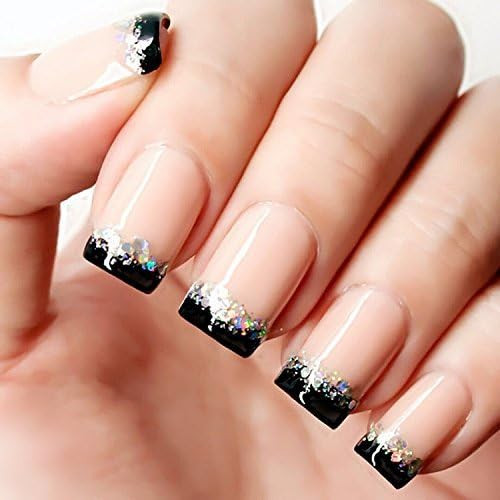 French Fake Nail Nude Nails with Black and Glitter Top Artificail Nails for Daily Wear Medium Size False Nails