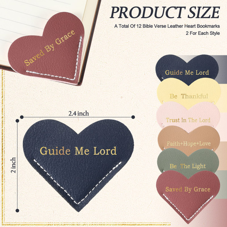 Kosiz 12 Pieces Christian Bible Verse Leather Heart Bookmark Bulk Cute Heart Page Corner Bookmark for Book Lovers Reading Accessories for Mother Wome