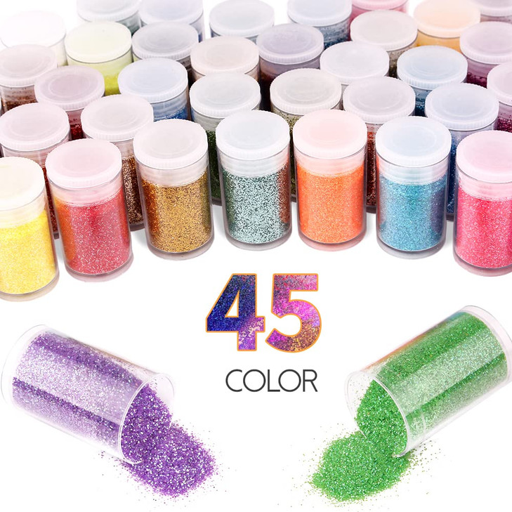 Ultra Fine Glitter 45 Colors Set, Holographic Glitter Powder for Tumblers, Arts and Craft Glitter, Iridescent Glitter for Epoxy Resin, Cosmetic Glitt