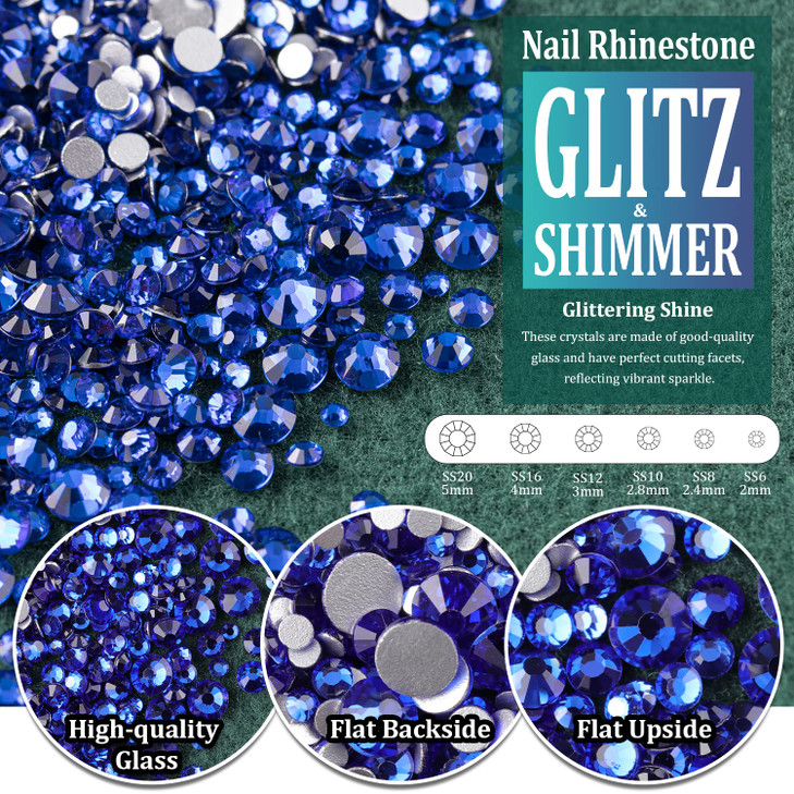 Multi Shapes Dark Blue 3D Glass Crystal Nail Art Rhinestones Kit with Flatback Round Bead Charm Gem Stone Jewelry Diamond with Pickup Pen + Tweezer f