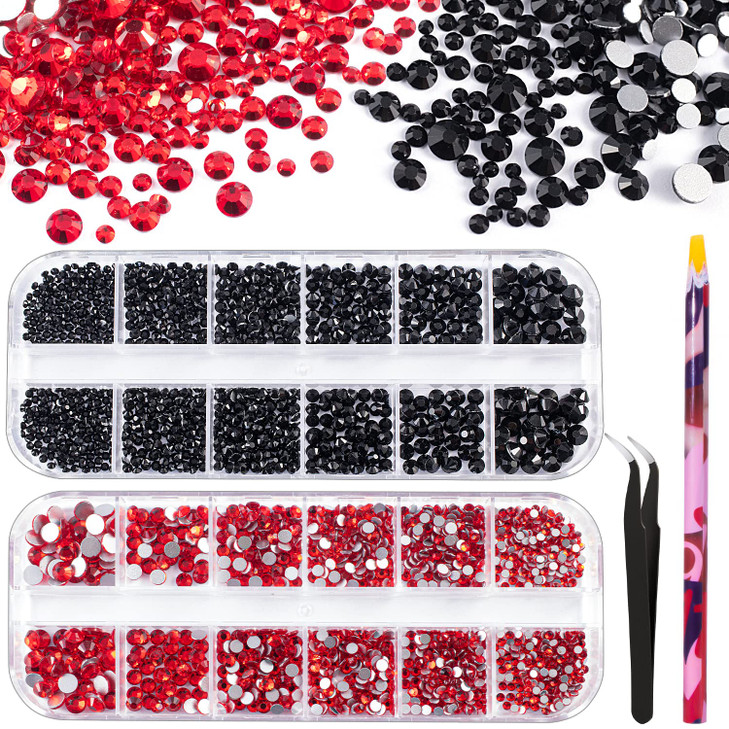 3440PCS 6 Sizes Black and Red Glass Crystal Kit with Pickup Pen + Tweezer Tools for Iridescent Shine Nail Art Manicure Makeup DIY Deco Flatback Round