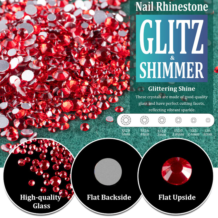 3440PCS 6 Sizes Black and Red Glass Crystal Kit with Pickup Pen + Tweezer Tools for Iridescent Shine Nail Art Manicure Makeup DIY Deco Flatback Round