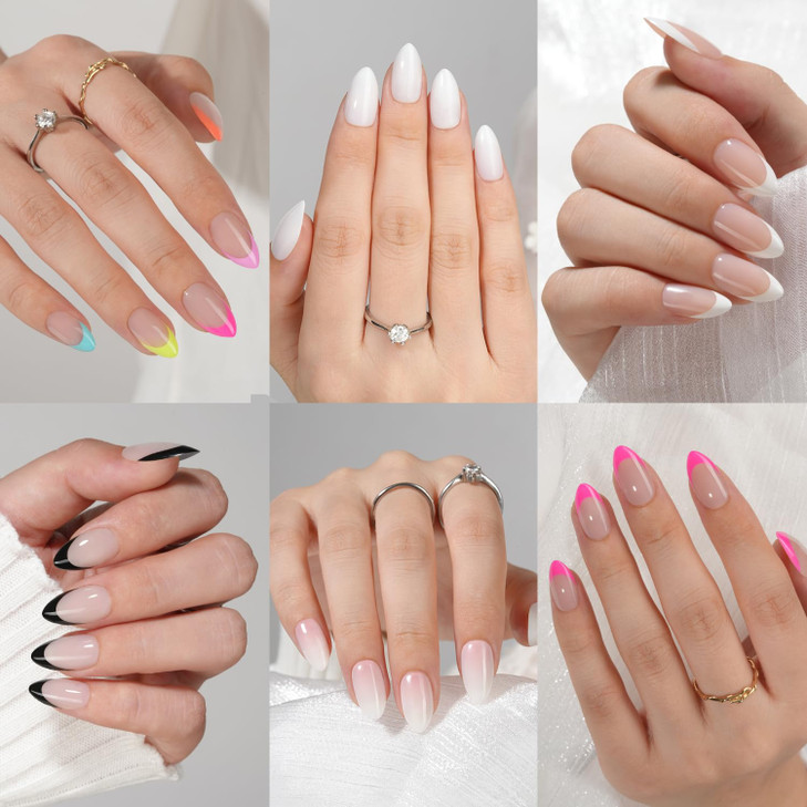 6 Packs Press On Nails Almond, Misssix French Tip Press On Nails Short, Reusable Glue On Nails, Gel Fake Nails for Women, Stick On Nails Kit 15 Sizes