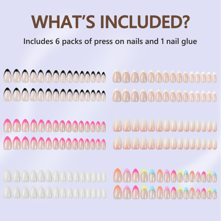 6 Packs Press On Nails Almond, Misssix French Tip Press On Nails Short, Reusable Glue On Nails, Gel Fake Nails for Women, Stick On Nails Kit 15 Sizes