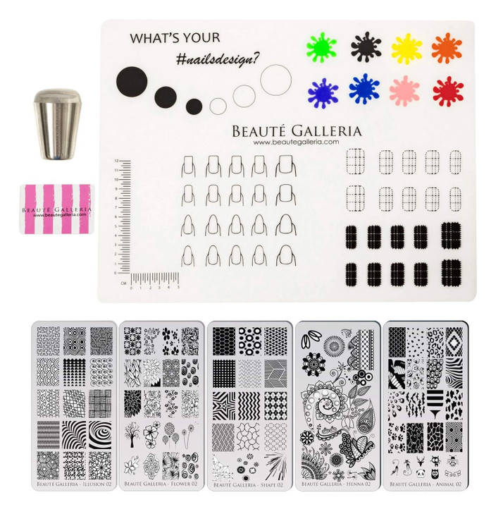 Beaute Galleria Bundle Nail Art Stamping Set - 5 Styles of Premium Etched Stamping Plates Image Templates, Silicone Nail Mat, Nail Stamper, Plate Scr