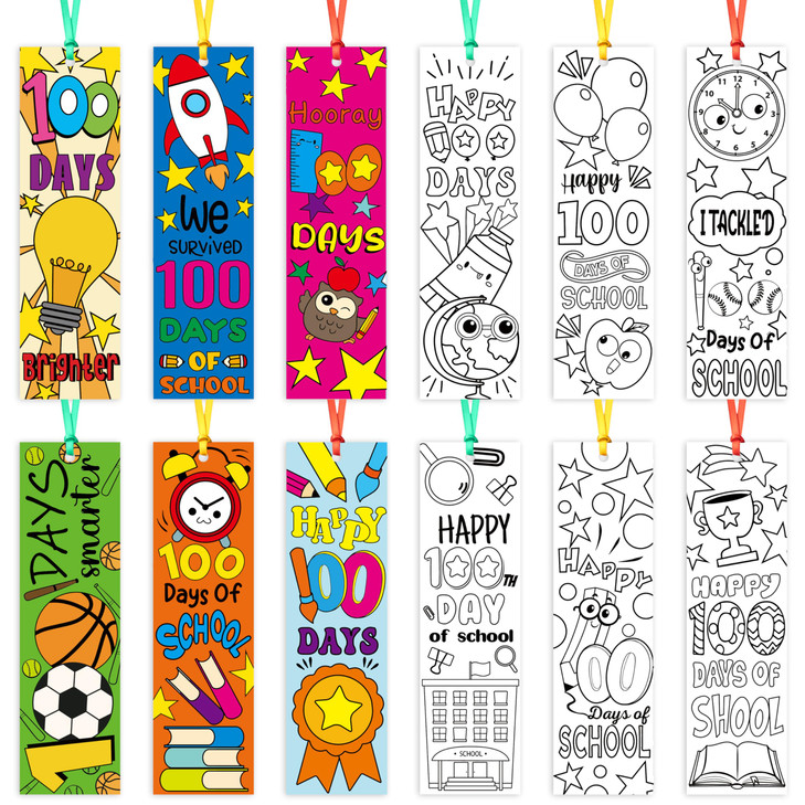 3sscha 72Pcs 100th Day of School Color Your Own Bookmarks, Kids DIY Coloring Blank Bookmarks 100 Days Celebration Classroom Activity Party Supplies P
