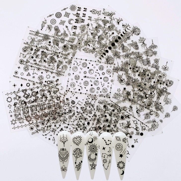 NAIL ANGEL 24 Sheets Nail Art Black Sticker Moon and Star Universal Flower Shapes Different Patterns Mix Sticker Sheets 10056