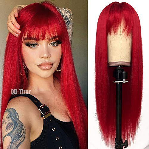 QD-Tizer Red Color Long Silky Straight Wigs with Bangs Synthetic No Lace Wig for Fashion Women Heat Resistant Natural Looking Hair Wig for Party Cosp