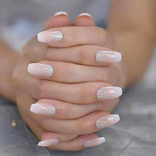 Coolnail Holo Glitter Pink Nude French Ballerina Coffin False Nails Gradient Natural Press on Fake Nails Tips Daily Office Finger Wear