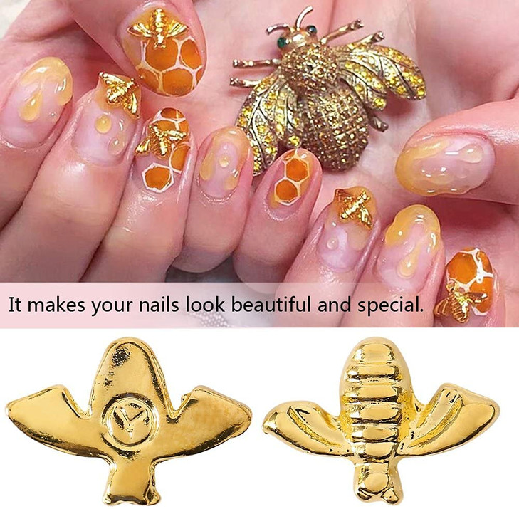Metal Nail Decoration, 2 Colors 100pcs/Bag Metal Bees 3D Nail Decoration Metal Stick Gold Silver Nail Decals Manicure (Gold)