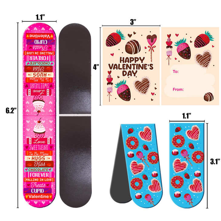 WorldBazaar 36 Sets Valentine's Day Magnetic Bookmarks for Kids with Cards Valentine Sweet Dessert Bookmarks Cards Exchange Gift for School Classroom