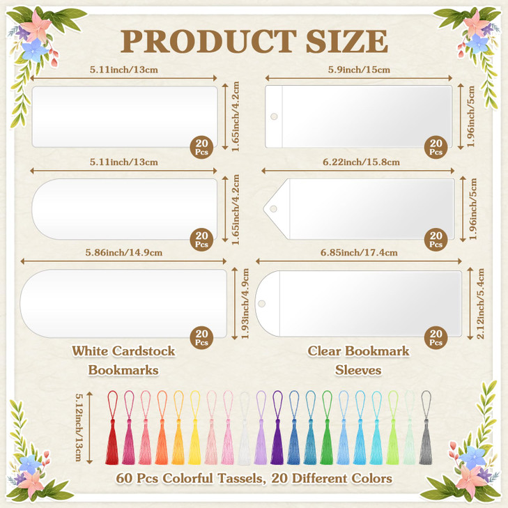 60 Sets Kraft Paper Blank Bookmarks with Tassels and Clear Bookmark Sleeves, 3 Different Size, Cardstock DIY Bookmark Making Kit for DIY Craft Projec