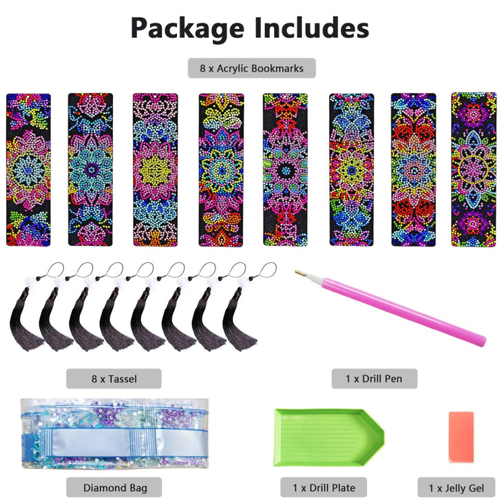 8PCS Mandala Diamond Art Bookmarks for Adults Acrylic Bookmark Kit with Tassel for Book Lovers Gift 5D Diamond Art Book Marks for DIY Making Beginner