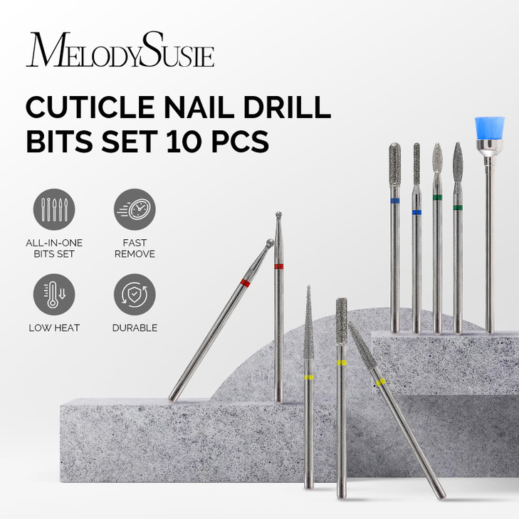 MelodySusie 10pcs Nail Drill Bits Set, 3/32 Inch Diamond Cuticle Nail Bits Kit for Nail Drill E-File, Manicure Pedicure Remover Tools for Acrylic Gel