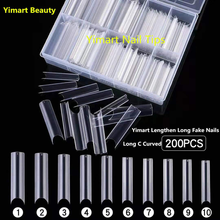 Yimart Long C Curved False Nail Tips - C Curved Nail Tips - Long C Curve False Nails - 200pcs/box XL C Curve Fake Nails Premium Square French Acrylic