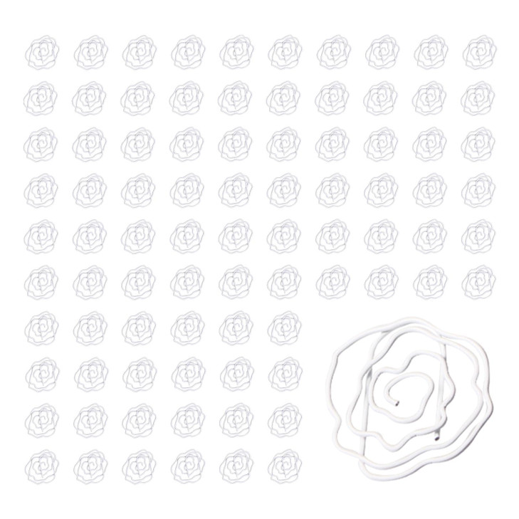 Flower Paper Clips 100PCS, White Rose Shape Paper Clips Cute Paperclips with Box Bookmarks Planner Clamp Fun Paperclips for Document Organizing Weddi