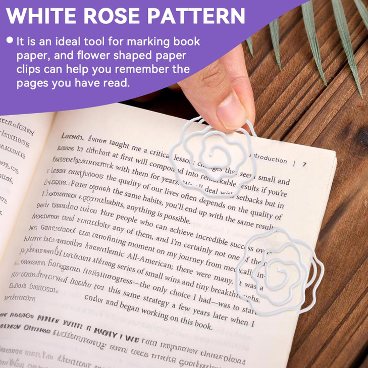Flower Paper Clips 100PCS, White Rose Shape Paper Clips Cute Paperclips with Box Bookmarks Planner Clamp Fun Paperclips for Document Organizing Weddi