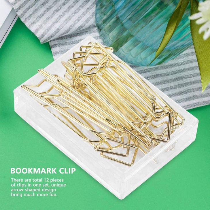 Gold Paper Clips, Paperclips Bookmark Clips,12pcs Cute Paper Clip Gold Electroplating Metal Arrow Shaped Page Marker Funny Stationery Bookmark Markin