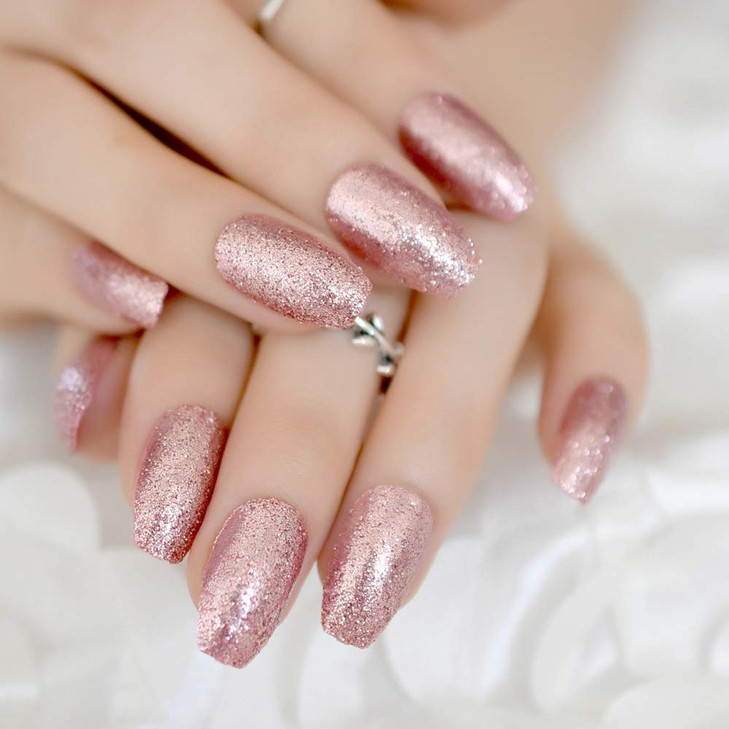 CoolNail Shiny Rose Gold Fake False Nails Coffin Ballerina Nail Tips Shining Sugar Glitter Deco Summer Salon Press on Nail Art Tip