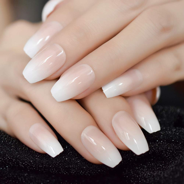 CoolNail Pink Nude White Ombre French Ballerina Coffin False Nails Gradient Natural Manicure Press on Fake Nails Tips Daily Office Finger Wear