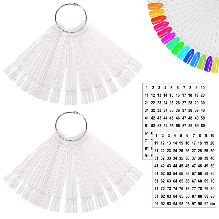 JASSINS 100 Pcs Clear Fan-shaped False Nail Swatch Sticks Nail Polish Practice Display Art Tips Nail Sample Sticks With Metal Split Ring