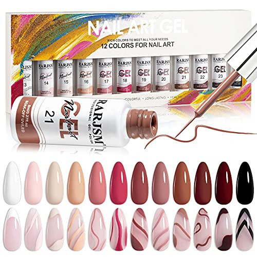 RARJSM Nail Art Gel Liner Painting Polish Set 12 Colors Autumn Winter Brown Wine Red Collection,Painted Gel Nail Polishes Soak Off Curing Requires Sa