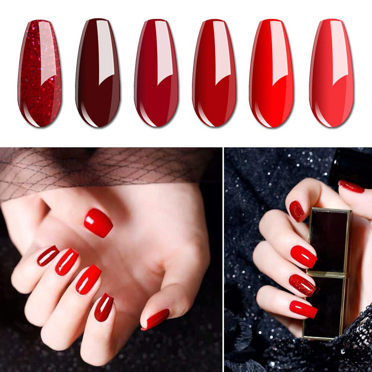 Vishine Glamour Red Gel Nail Polish Kit 8ML 6 Bottles Soak Off Nail Gel Polish Manicure Series UV LED Lamp Required Gift Box Nail Art