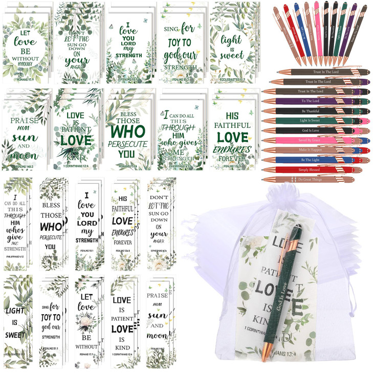 Sinmoe 120 Pcs Bible Gifts Set Include 30 Bible Verses Bookmarks 30 Scripture Ballpoint Pens 30 Christian Notebooks 30 White Organza Bags for Women M