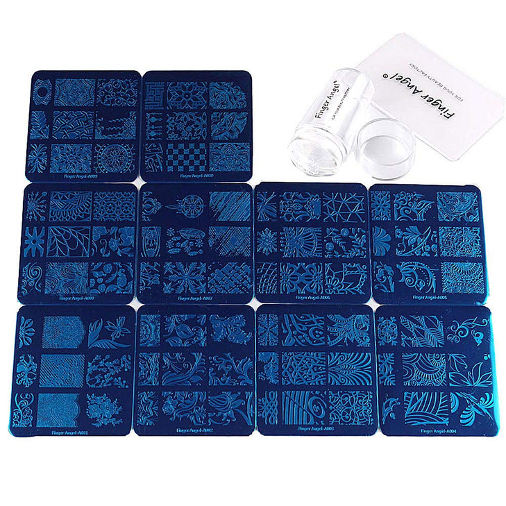 Finger Angel 12Pcs Nail Stamp Plates Set 10 Plate 1Stamper 1Scraper Nails Art Stamping Plate Scraper Stamper Set Leaves Flowers Lace Design Nail Plat