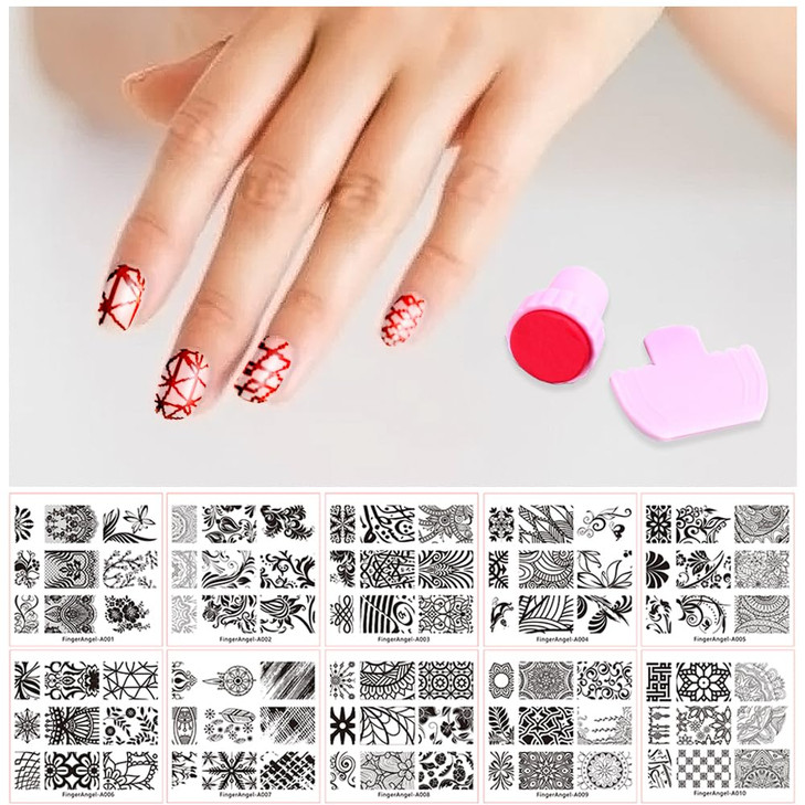 FingeAngel 10PCS Nail Plates +1 Nail Stamper + 1 Nail Scraper Nail Art Image Stamp Stamping Plates Manicure Template Nail Art Tools (A1-10)