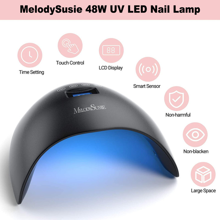 MelodySusie 48W LED UV Nail Lamp - Black, Energy Efficient, 365nm-405nm Wavelength, Compatible with Most Gels, 4 Timer Settings, Infrared Sensor, Use