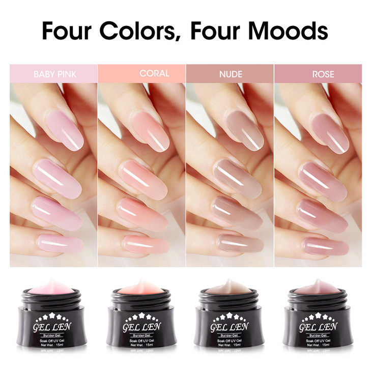 Gellen Builder Gel, Nail Extension UV Nail Gel Set Acrylic Nail Gel Kit, Easy DIY Home Gel Manicure - Pink Nudes Peach 4 Colors Hard Gel Builder 15ml
