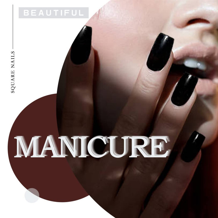 Gangel Black False Nails Square Fake Nails Medium Glossy Acrylic Full Cover Simple Press on Nails(24 pcs)