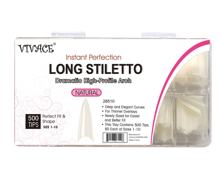 VIVACE Natural Long Stiletto 500pcs Artificial Fake Gel Nail Tips,10 Sizes 28510 For Nail Salon