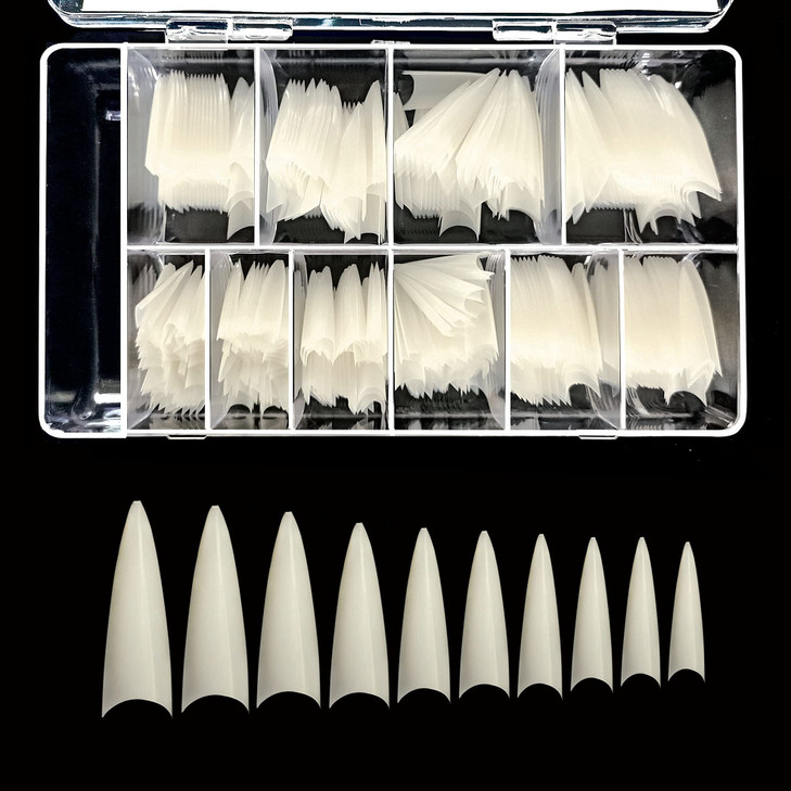 BeYou Natural Long Stiletto 500pcs Artificial Fake Nail Tips With Clear Plastic Case,10 Sizes 28510 For Nail Salon Nail Shop