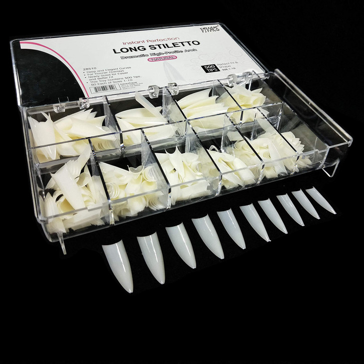 BeYou Natural Long Stiletto 500pcs Artificial Fake Nail Tips With Clear Plastic Case,10 Sizes 28510 For Nail Salon Nail Shop
