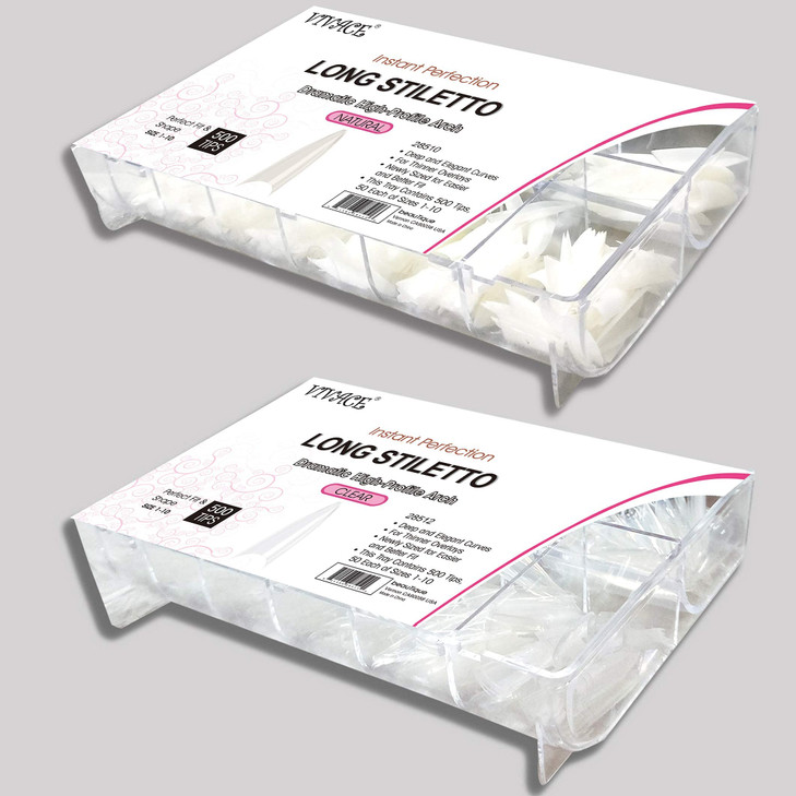 VIVACE 2PACK Natural/Clear Long Stiletto 500 Artificial Fake Gel Nail Tips (Total 1000Tips) 10Sizes For Nail Salon Nail Shop (28510/28512) (Long Stil
