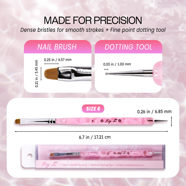 Ivy L Premium 2 Way French Gel Acrylic Nail Art Kolinsky Brush with Dotting Tool for Professional Manicure Cuticle Clean up Nail Art Design (Size # 6
